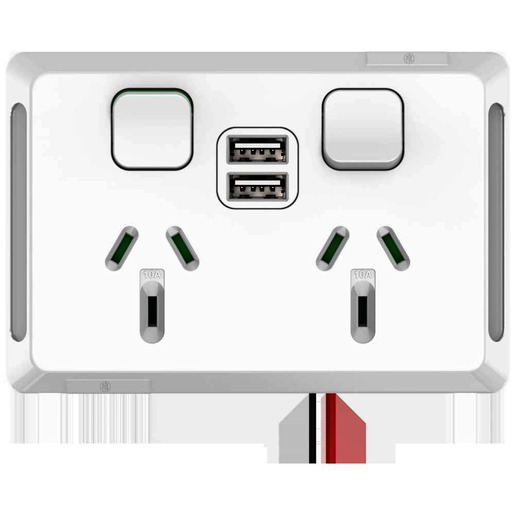 PDL PDLP395USB2-XW Pro Series Sw Socket 10A Double Horiz 2 Extra USB Chargers